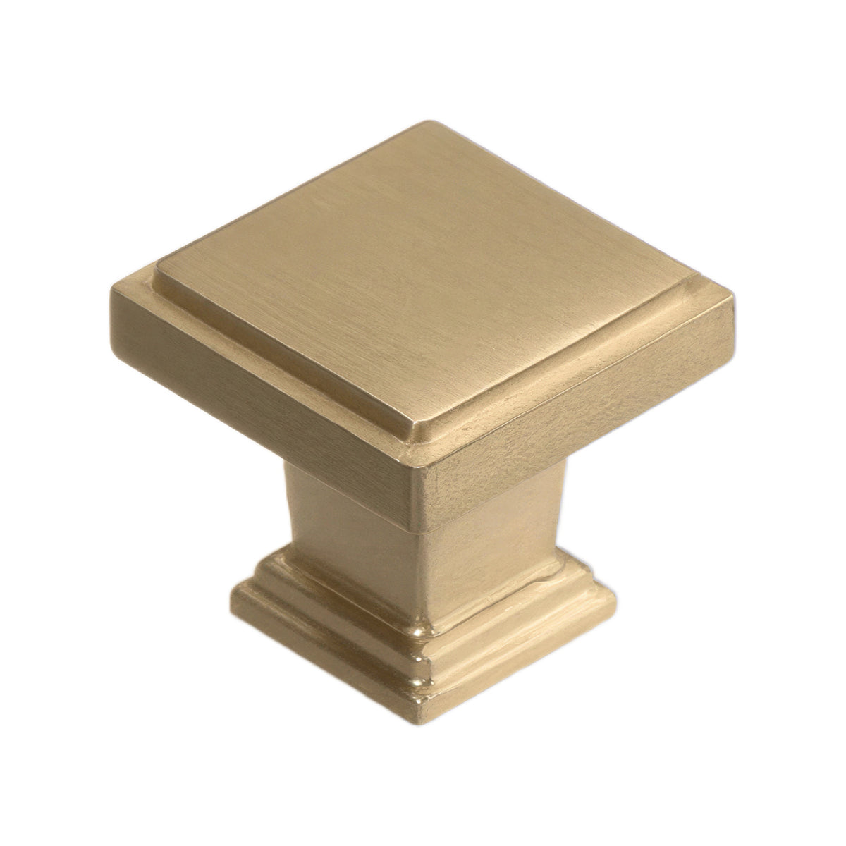 Brass-tone square cabinet knob with a flat top and stepped base, option No. 3.