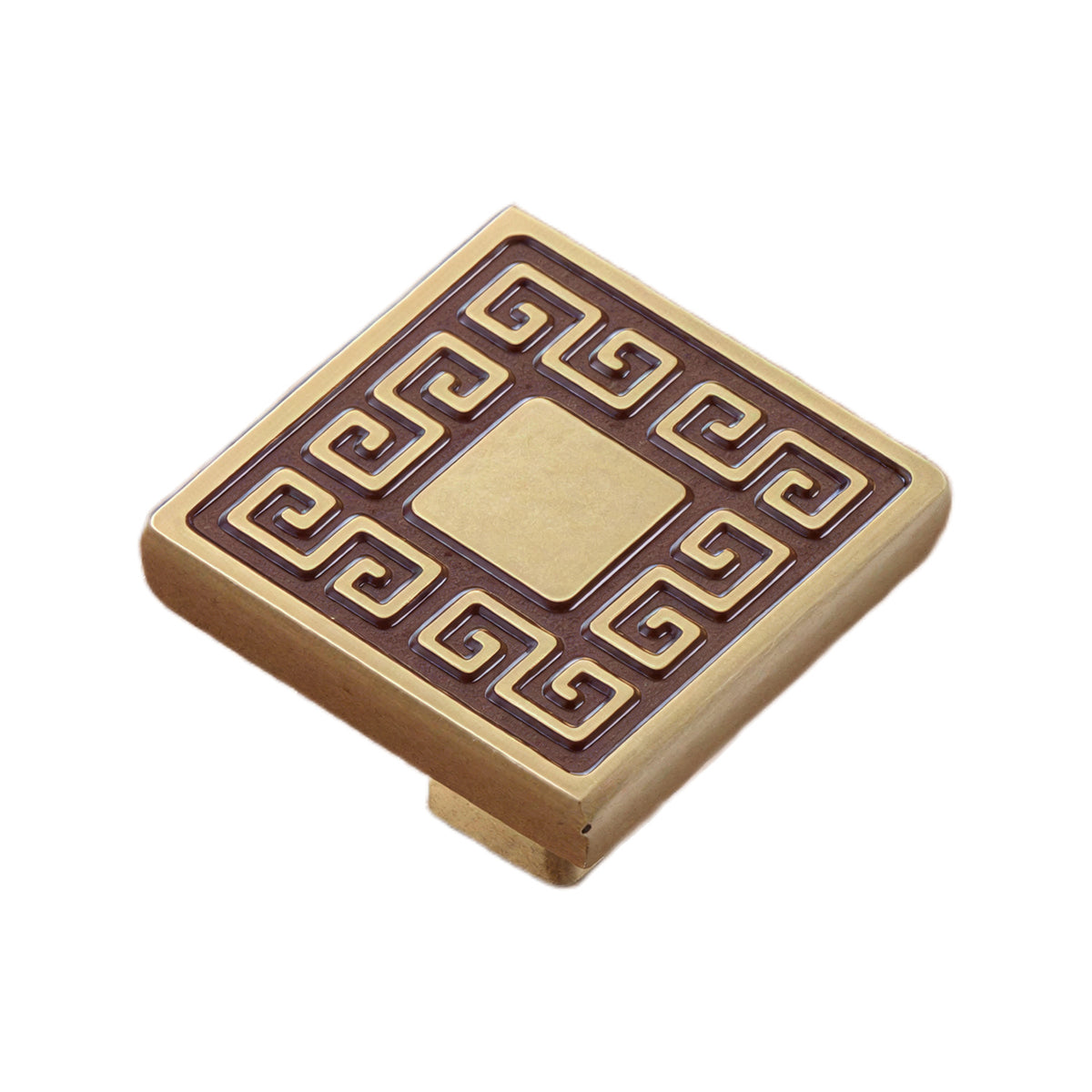 Brass-tone square cabinet knob with a Greek key border, option No. 3.