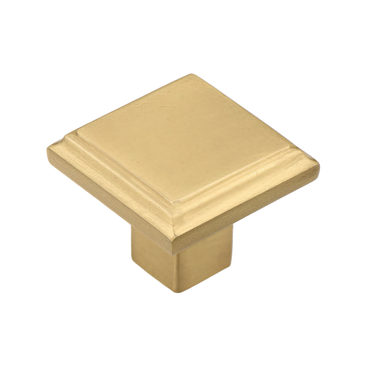 Brass-tone square cabinet knob with a stepped face, 33 mm.