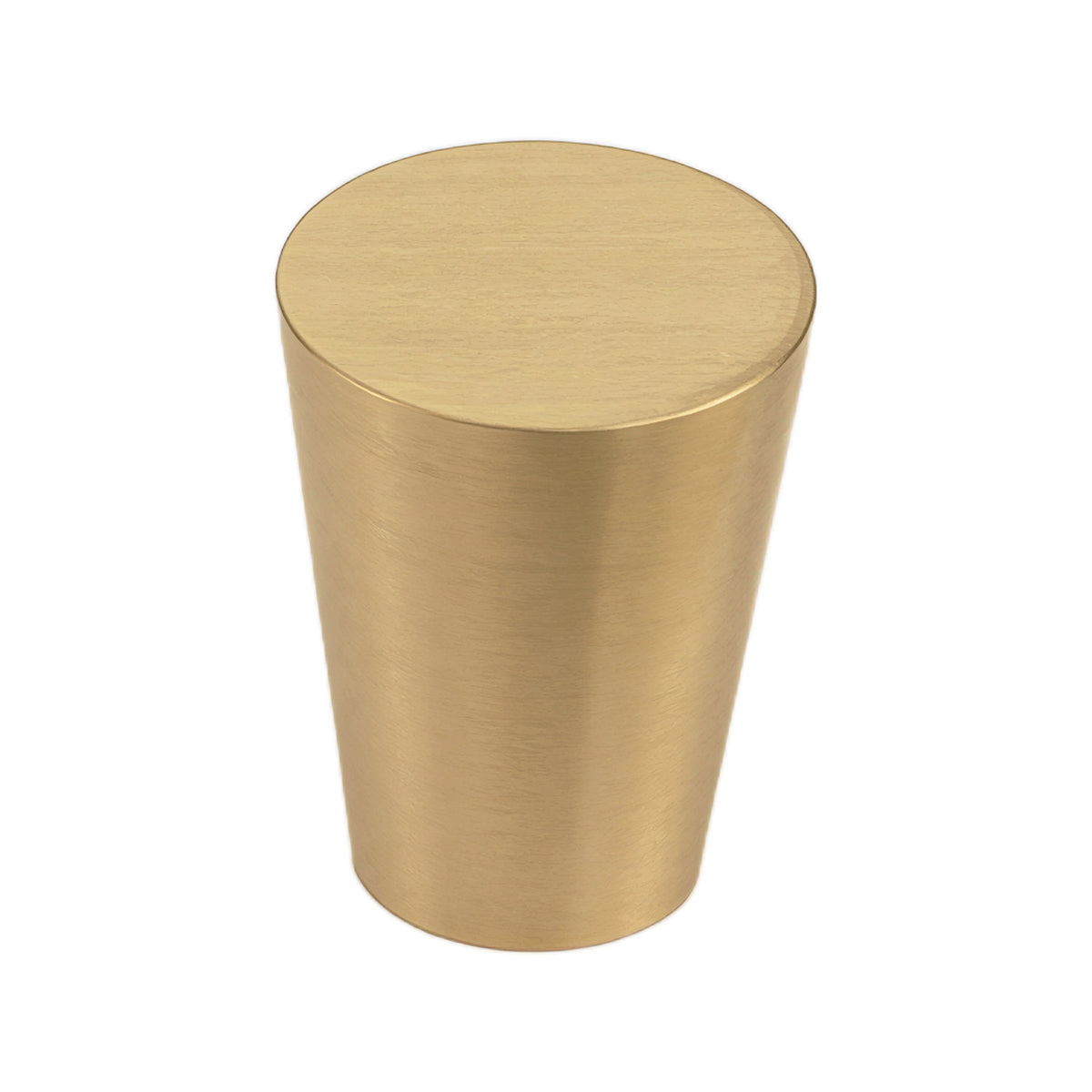 Brass-tone tapered conical cabinet knob with a flat round top.