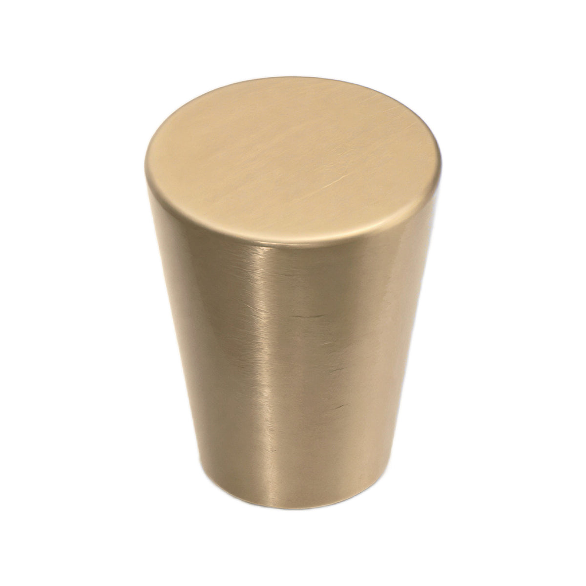 Brass-tone tapered cylindrical cabinet knob with a flat round top, option No. 4.