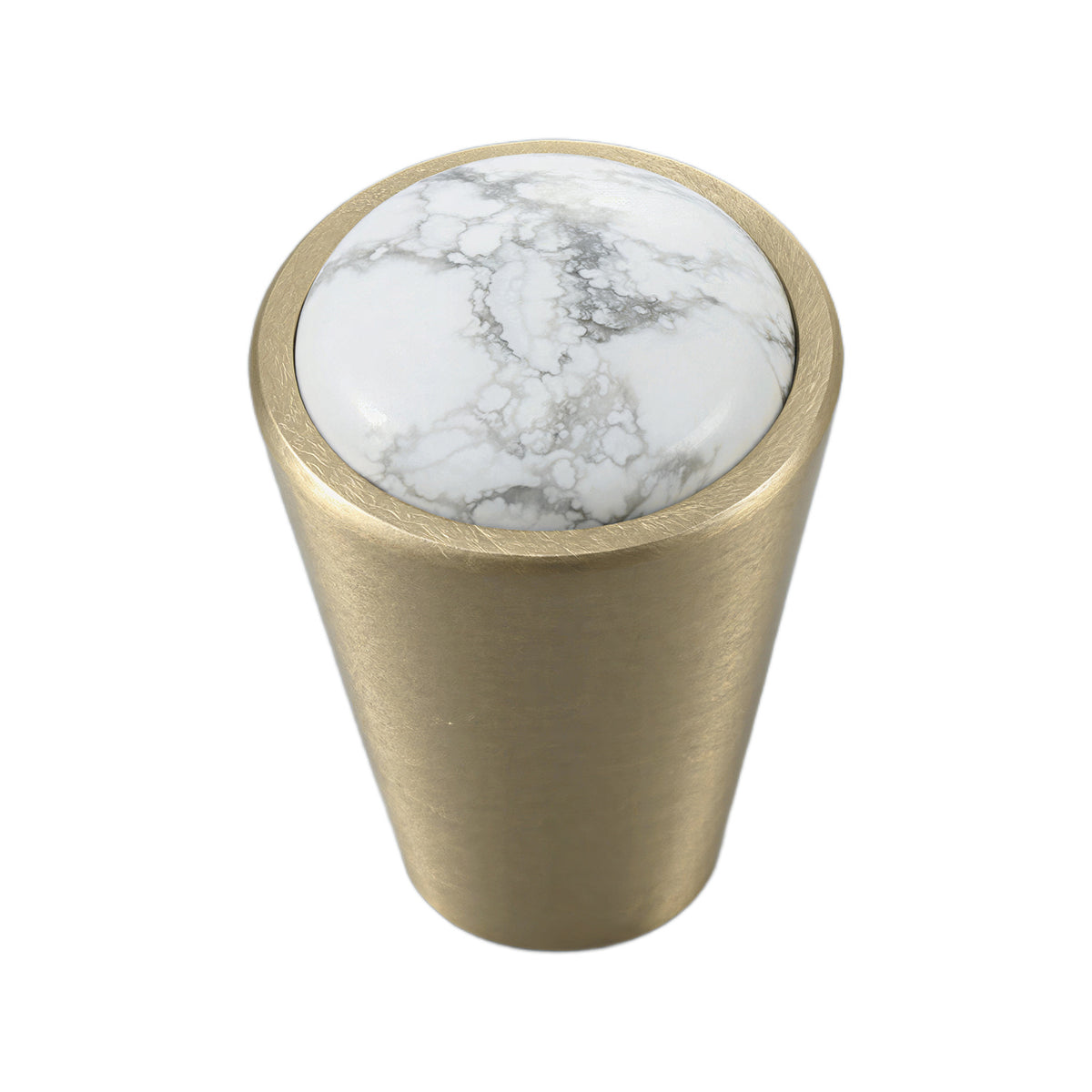 Solid brass conical cabinet knob with a white marble-effect resin inlay, option No. 8.