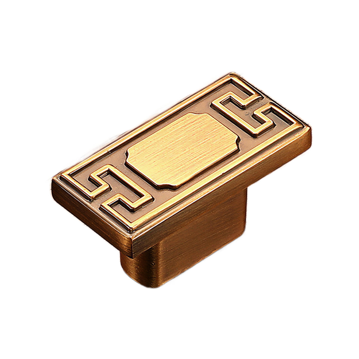 Bronze-tone rectangular cabinet knob with a geometric border, option No. 8.