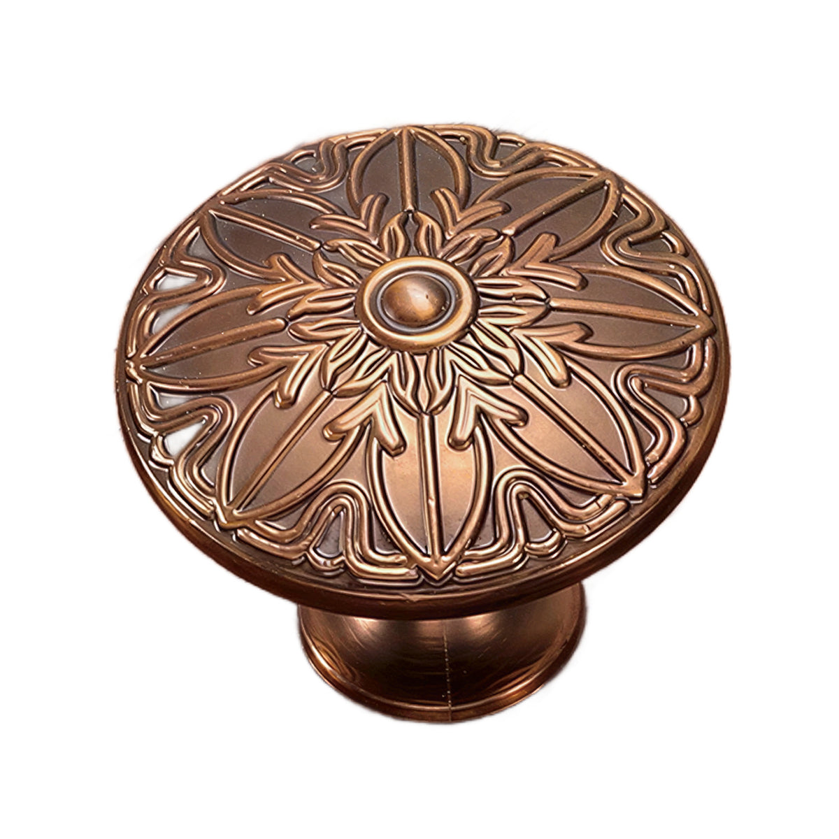 Bronze-tone round cabinet knob with an engraved floral face, option No. 5.