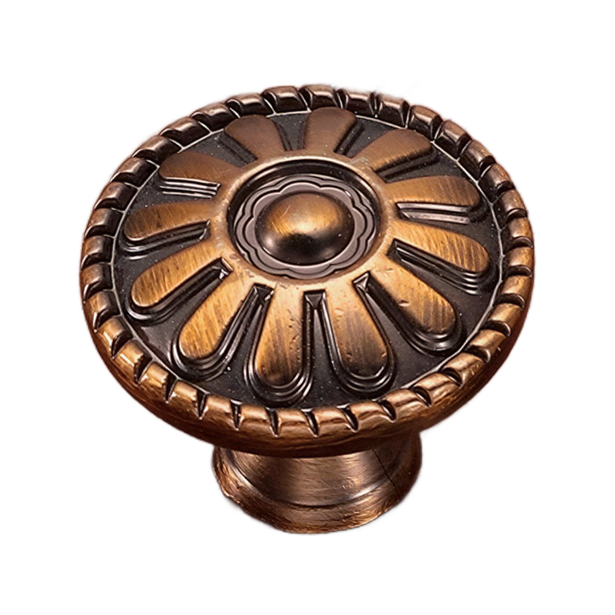 Bronze-tone round cabinet knob with a raised radial floral face, option No. 1.