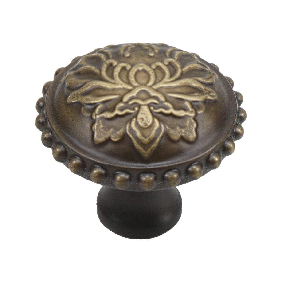 Bronze-tone round cabinet knob with a raised floral motif and beaded rim, option No. 4, 31 mm.