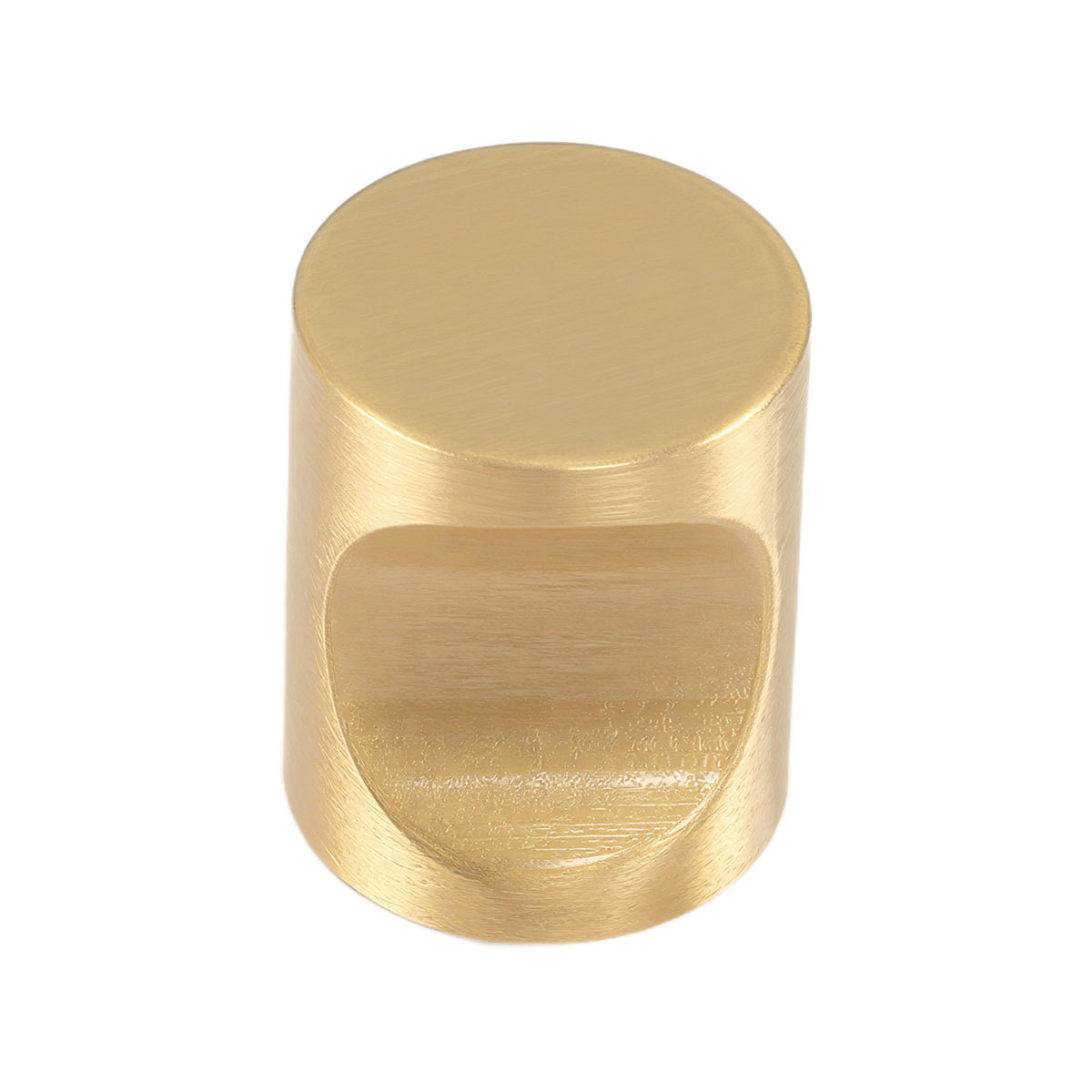 Brushed gold-tone cylindrical cabinet knob with a side finger recess, option No. 7, 16 mm.