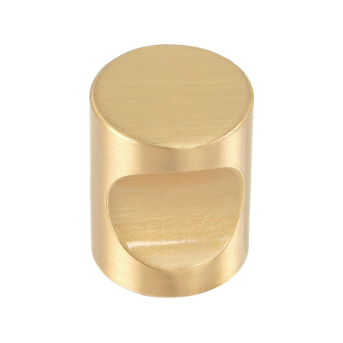 Brushed gold-tone cylindrical cabinet knob with a side finger recess, option No. 7, 20 mm.