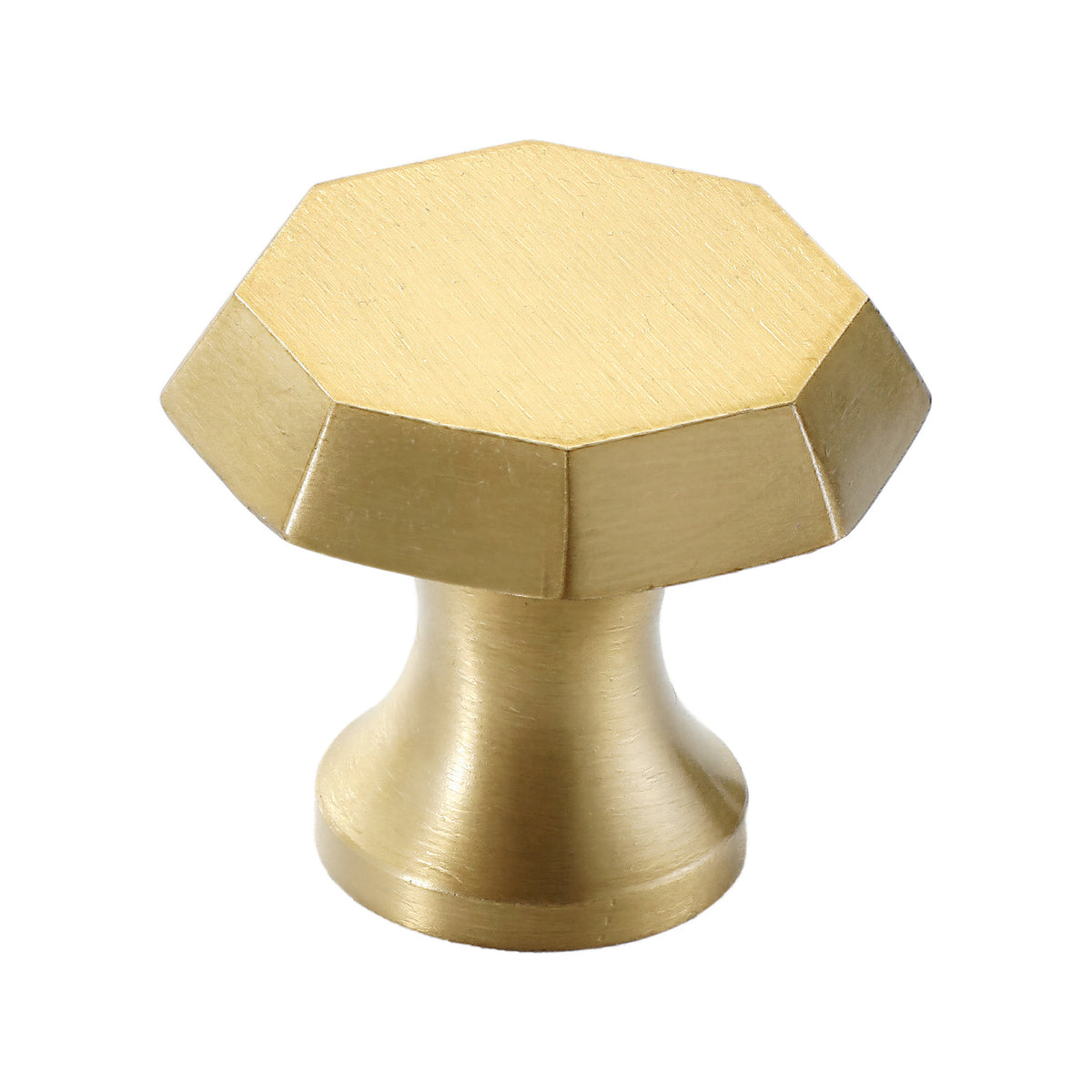 Brushed gold-tone faceted hexagonal cabinet knob, option No. 5.