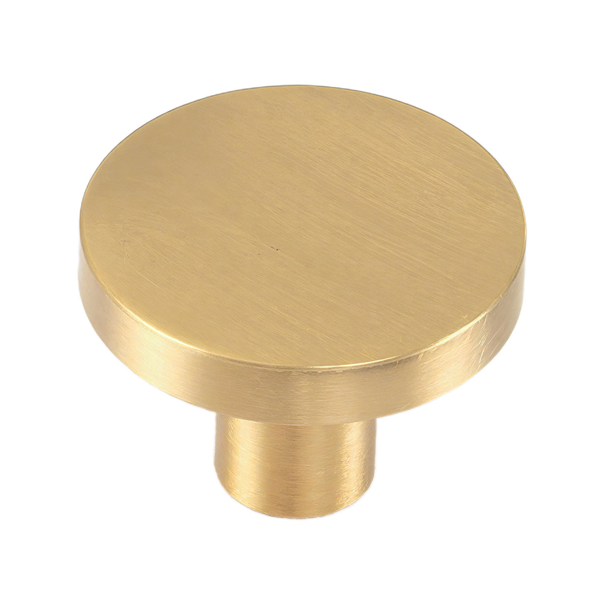 Brushed gold-tone flat disc cabinet knob on a cylindrical stem, option No. 6, 27 mm.