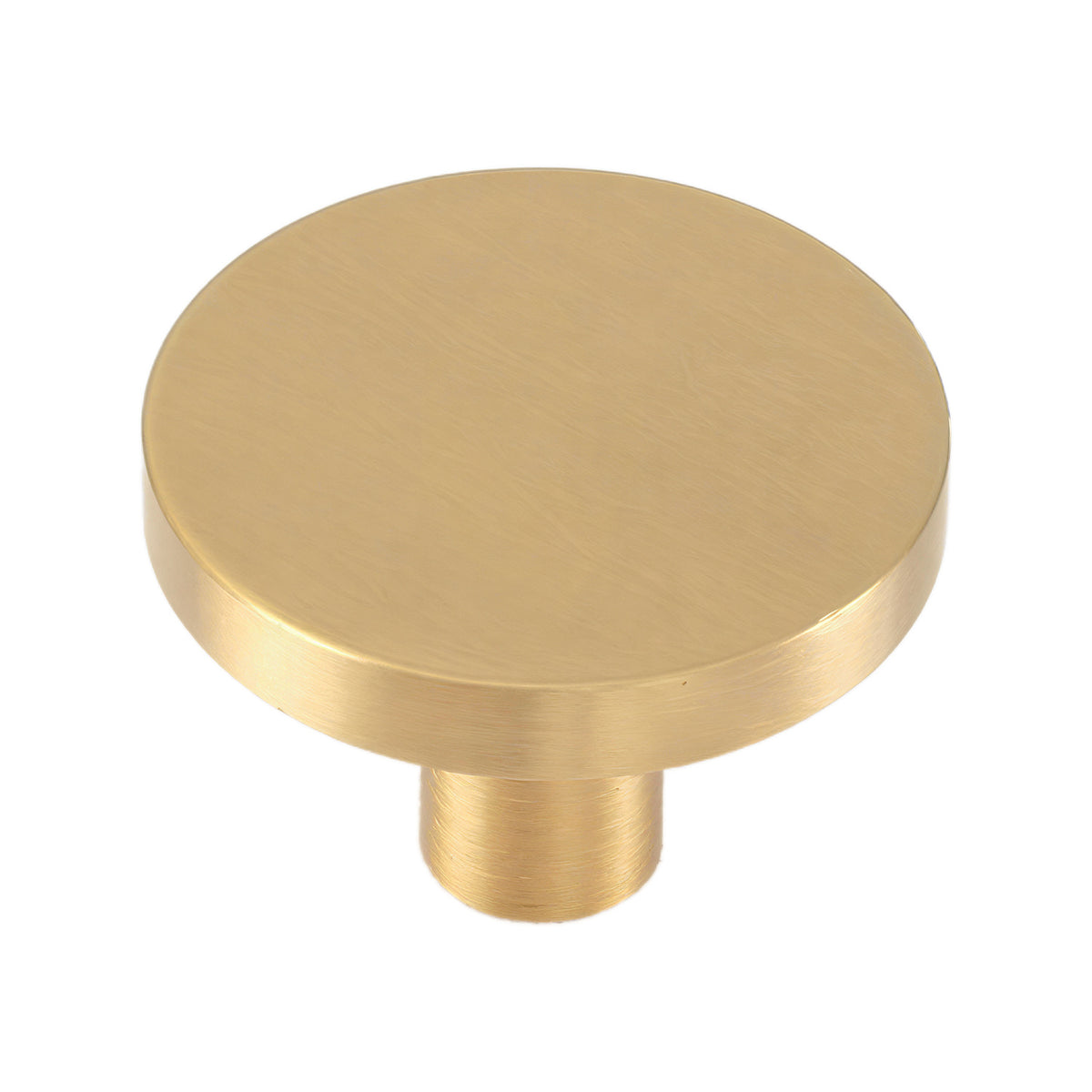 Brushed gold-tone flat disc cabinet knob on a cylindrical stem, option No. 6, 32 mm.