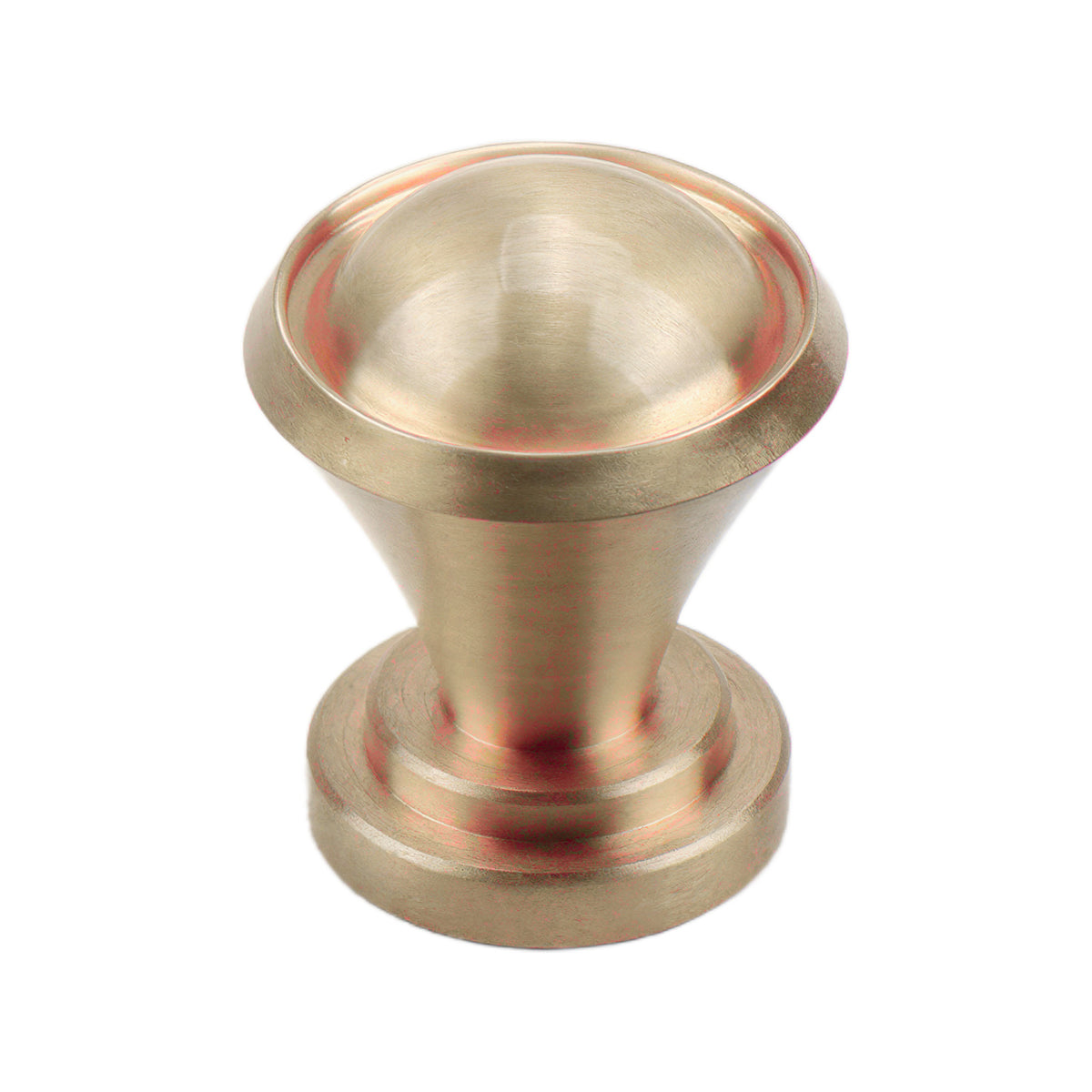 Brushed gold round cabinet knob with a cupped top, option No. 4.