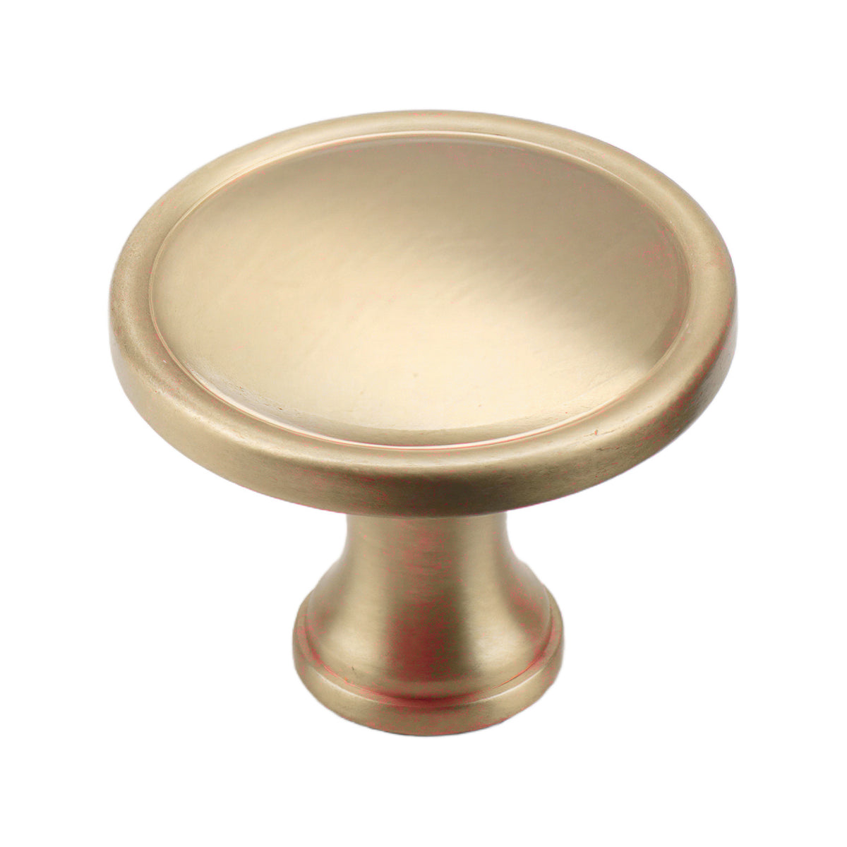 Brushed gold round cabinet knob with a shallow dished face, option No. 1.