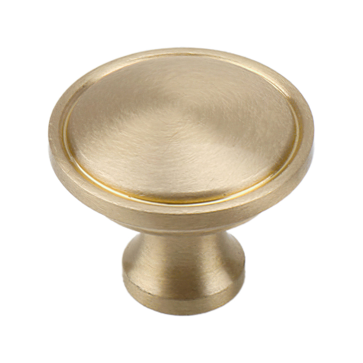 Brushed gold round cabinet knob with a shallow dished face, option No. 2.