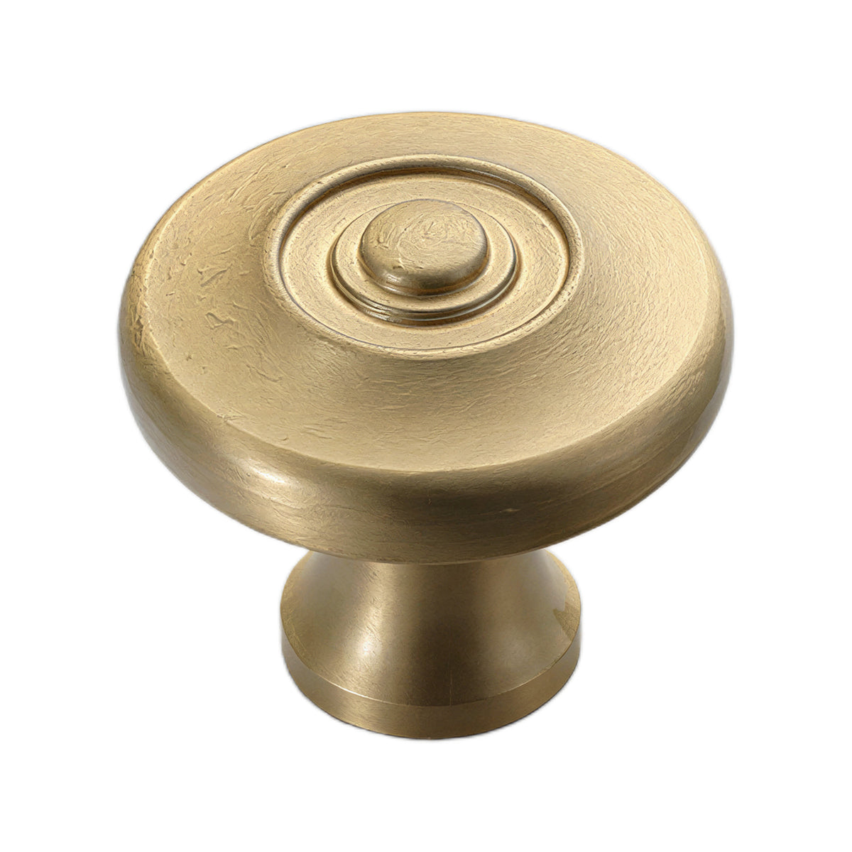 Brushed gold round cabinet knob with a raised center button, option No. 3.
