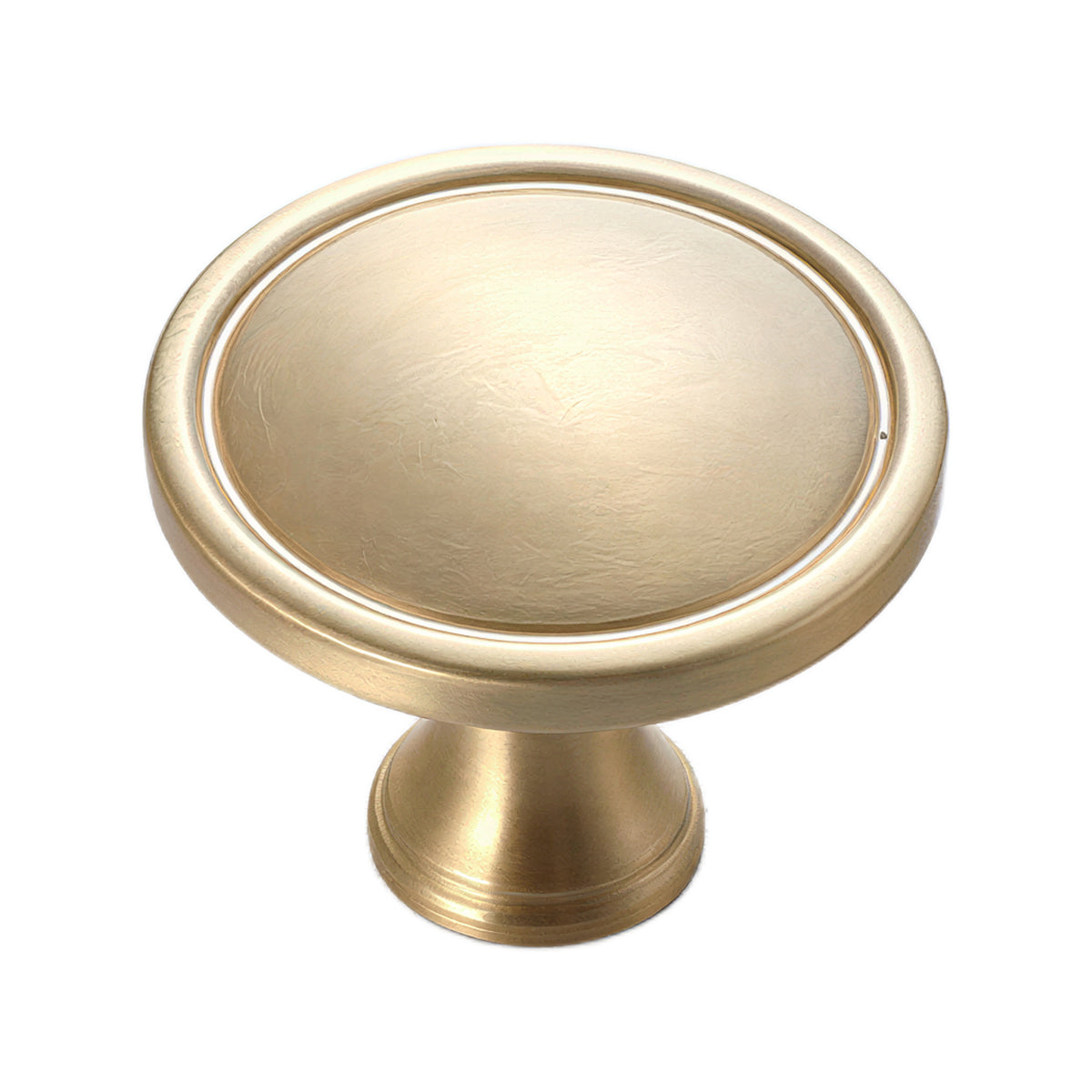 Brushed gold round cabinet knob with a raised rim.