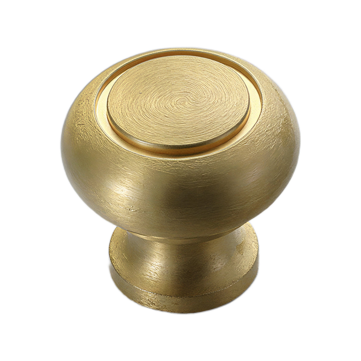 Brushed gold round cabinet knob with a raised textured center, option No. 4.