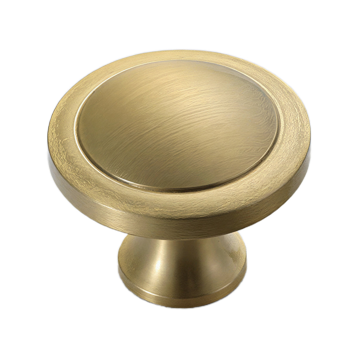 Brushed gold round cabinet knob with a recessed center, option No. 5.