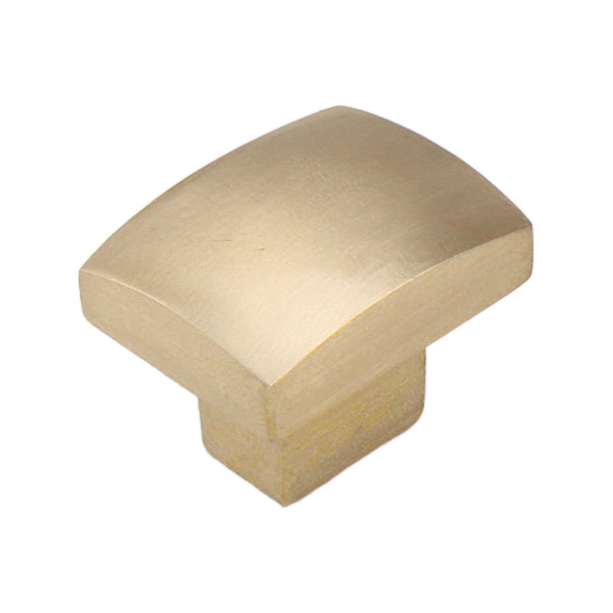 Brushed gold square cabinet knob with a gently curved top, option No. 1.