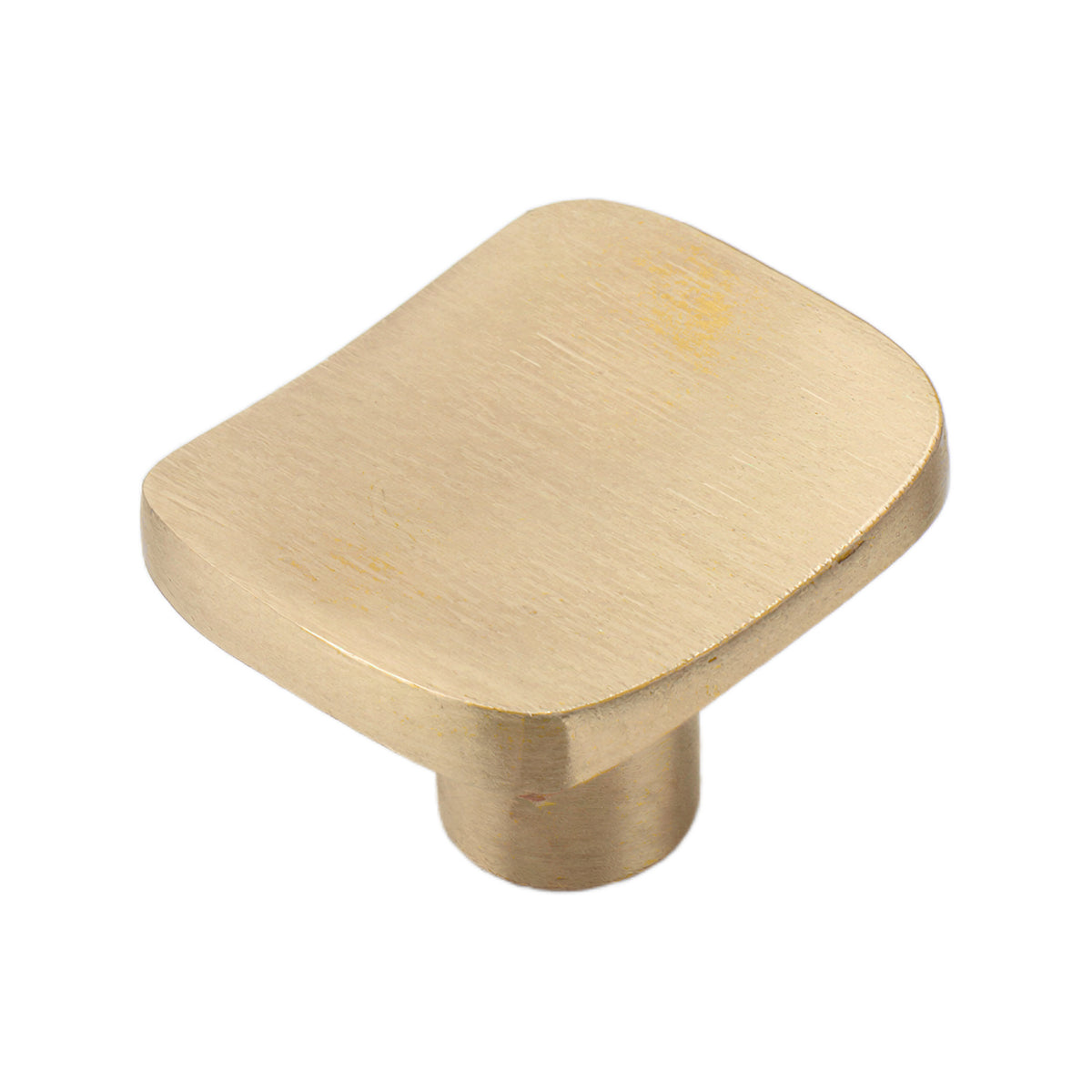 Brushed gold square cabinet knob with a rounded top, option No. 3.