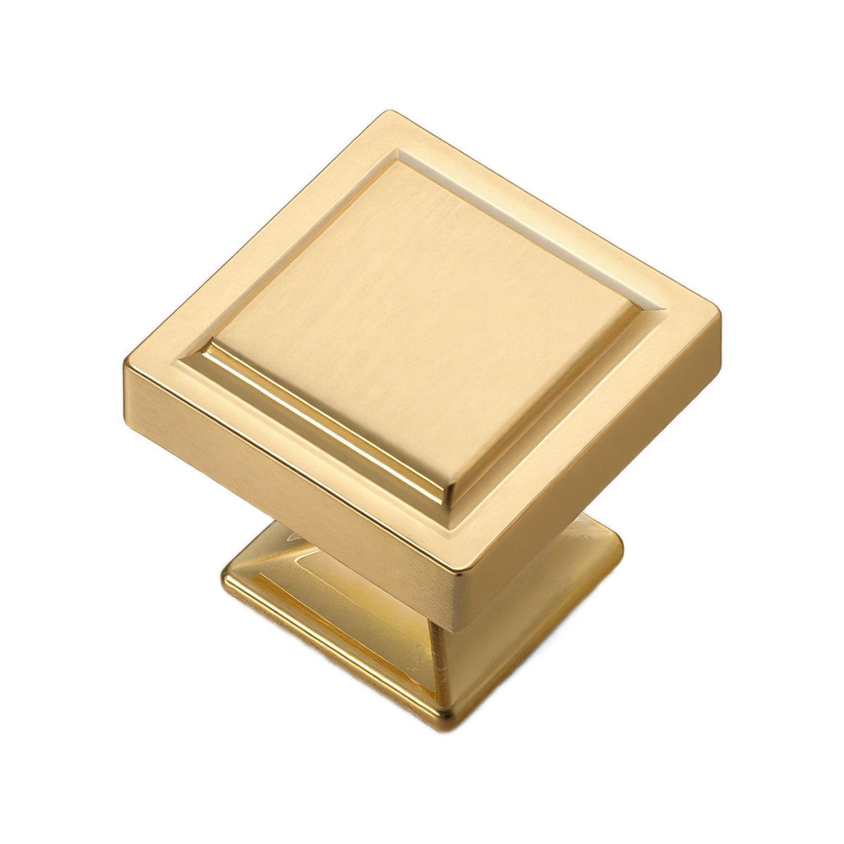 Brushed gold-tone square cabinet knob with a stepped base, option No. 2.