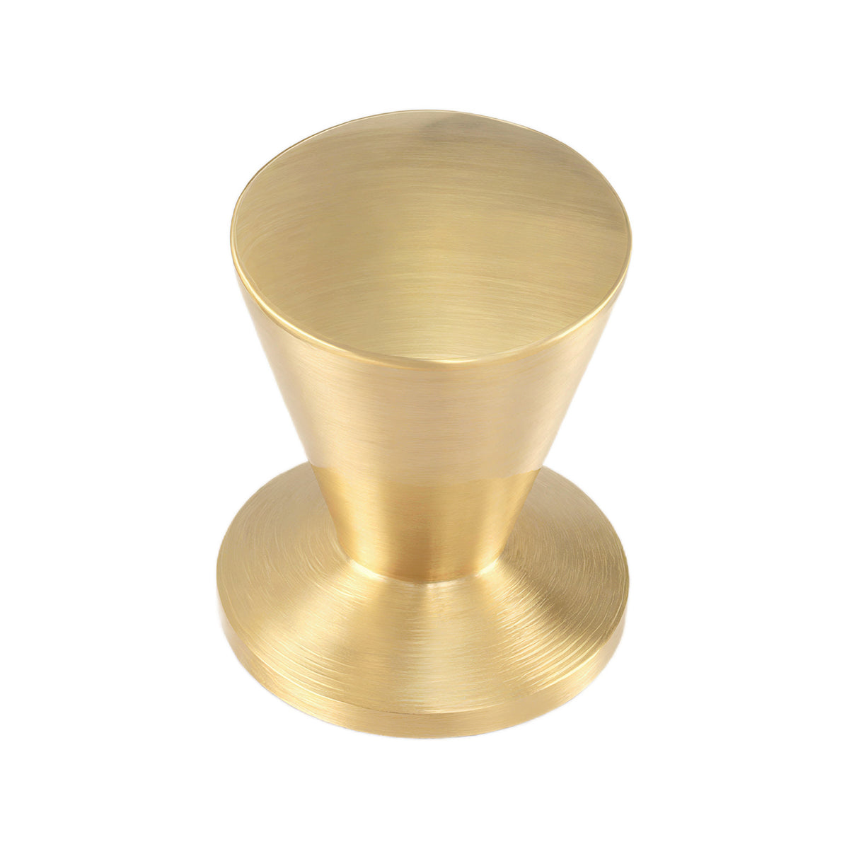 Brushed gold-tone tapered cabinet knob with a flared pedestal base, option No. 9, 18 mm.