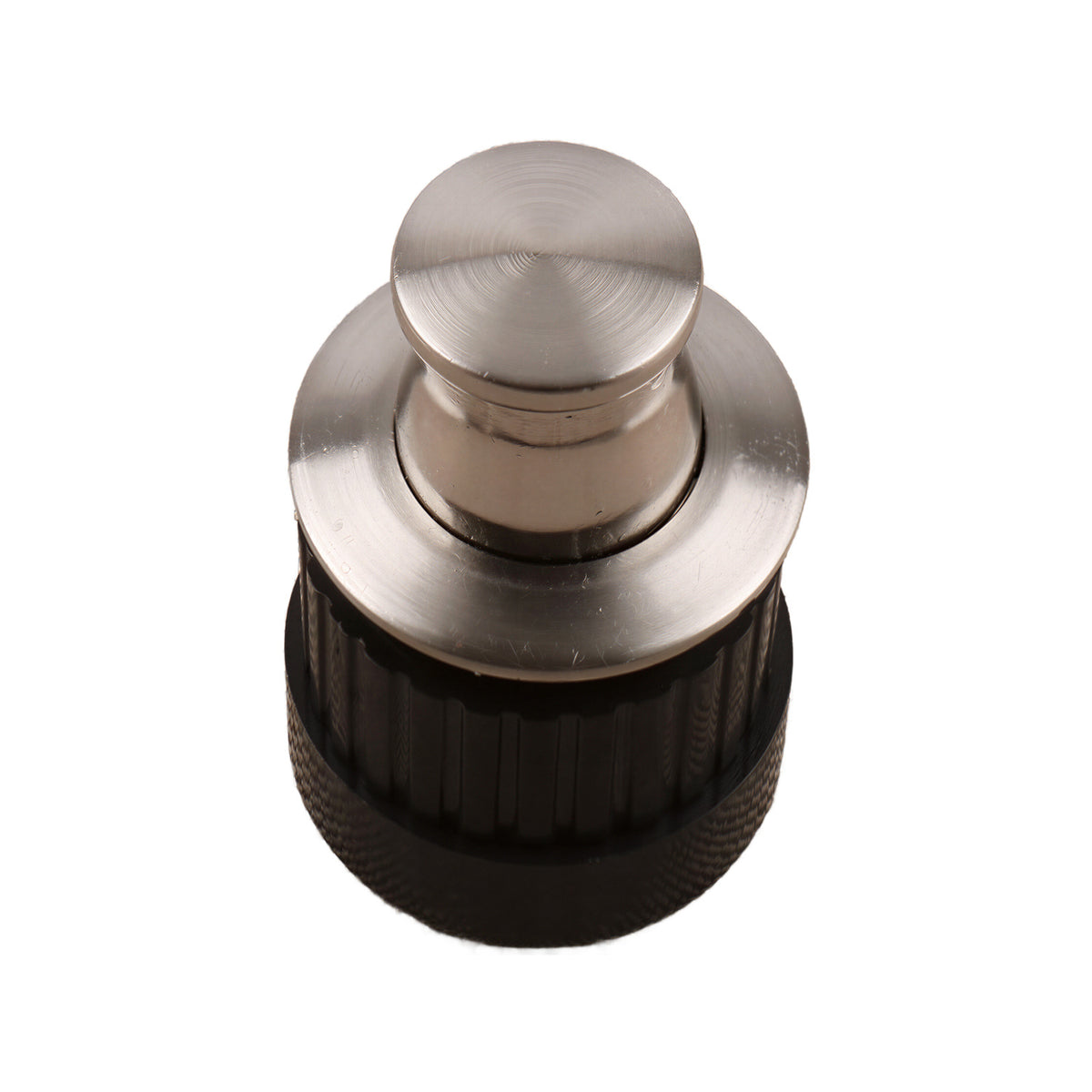 Brushed silver-tone round pop-up cabinet knob with a flat top and dark ribbed base, option No. 2.