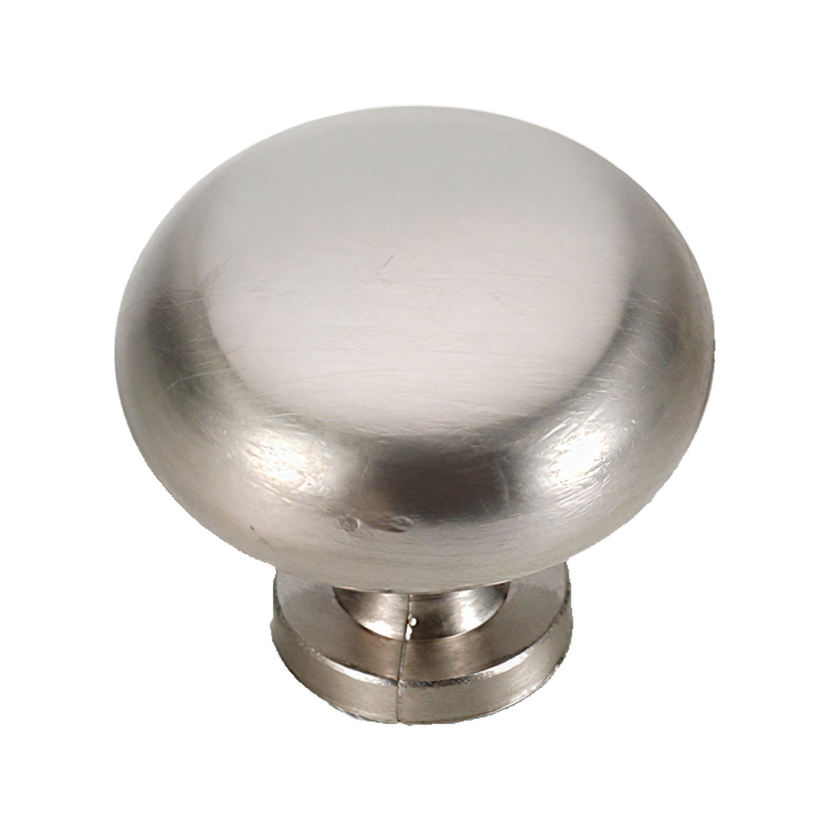 Brushed silver-tone round cabinet knob, option No. 1.