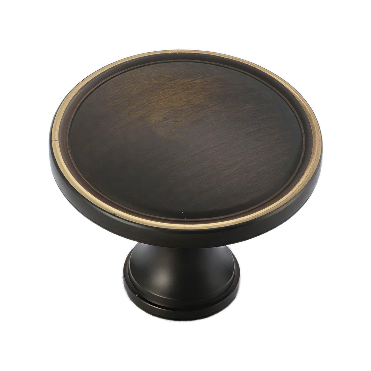 Coffee bronze round cabinet knob with a raised rim.