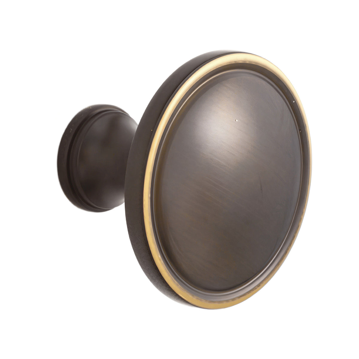 Coffee brown round cabinet knob with a dark face and brass-tone rim.