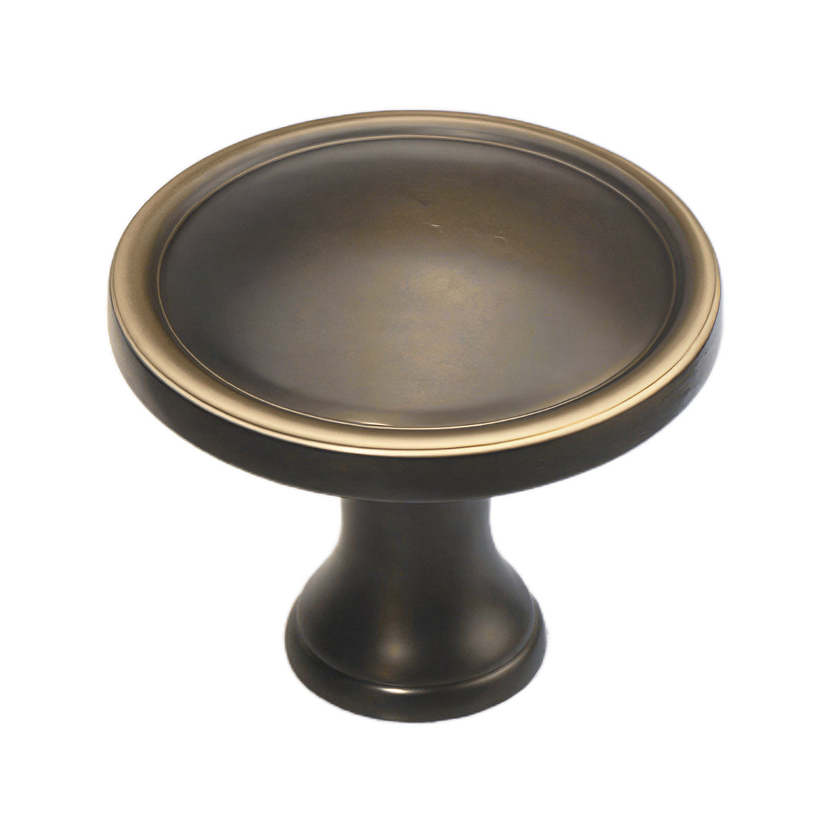 Coffee brown round cabinet knob with a shallow dished face, option No. 1.