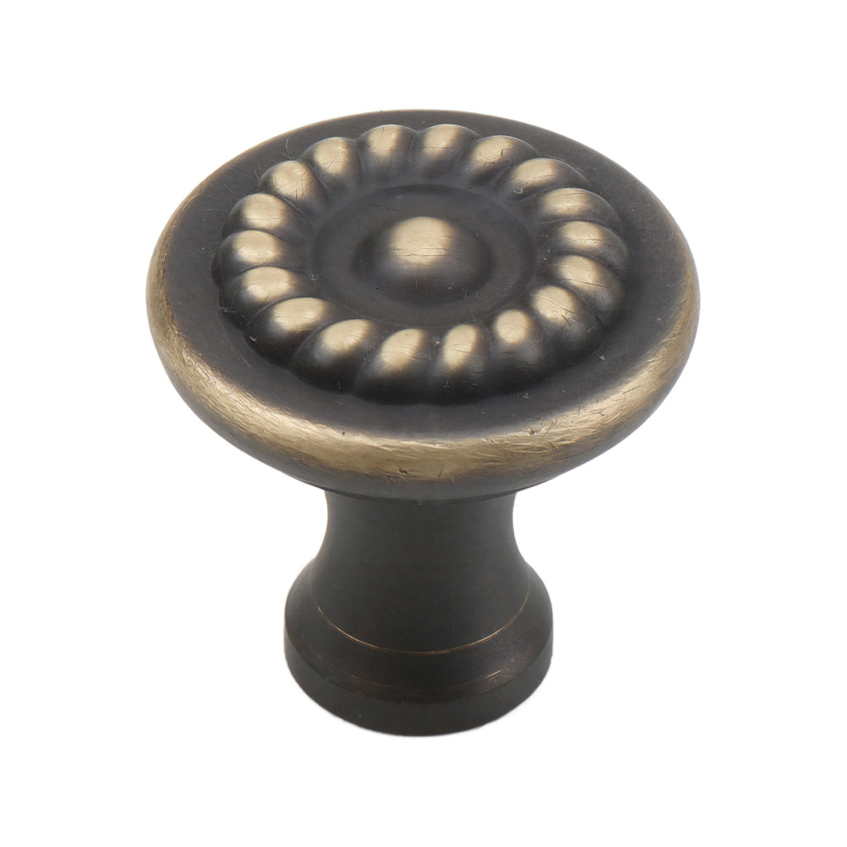 Coffee-brown round cabinet knob with a raised gold-tone petal ring, option No. 3.