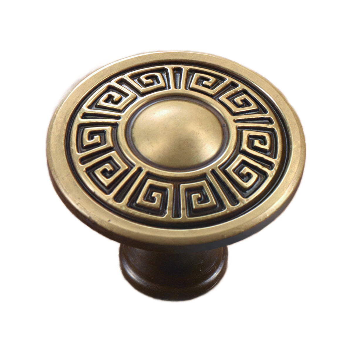 Coffee brown round cabinet knob with a Greek key border, option No. 1.
