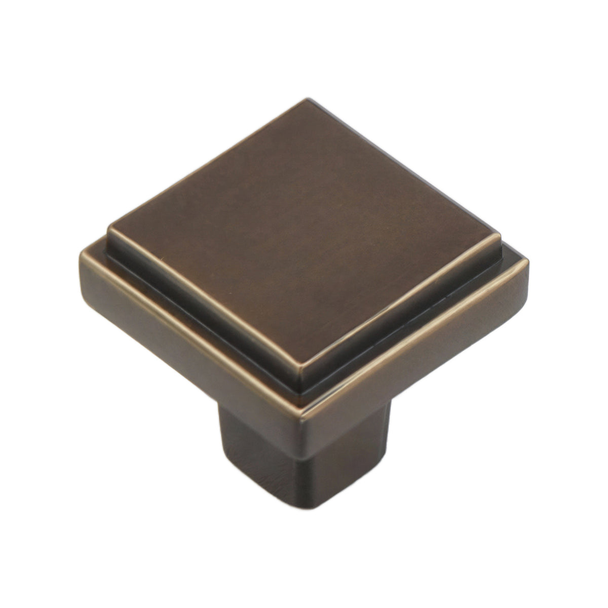 Coffee-brown square cabinet knob with a stepped rim and flat top, option No. 3.