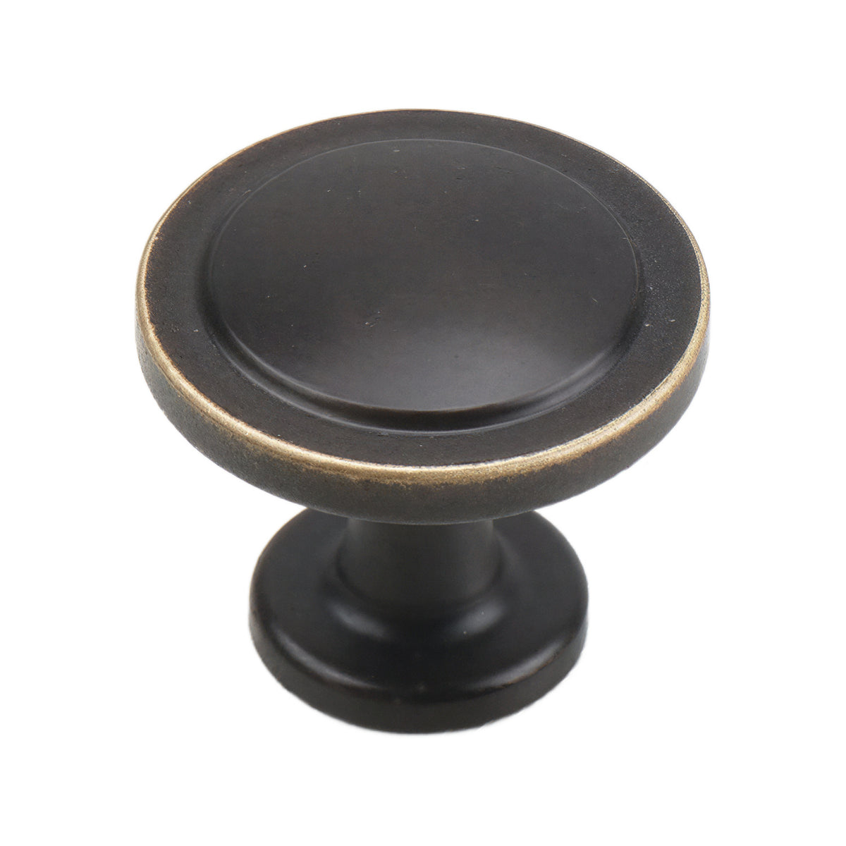 Coffee brown round cabinet knob with a bronze-tone rim and flat circular center, option No. 3.