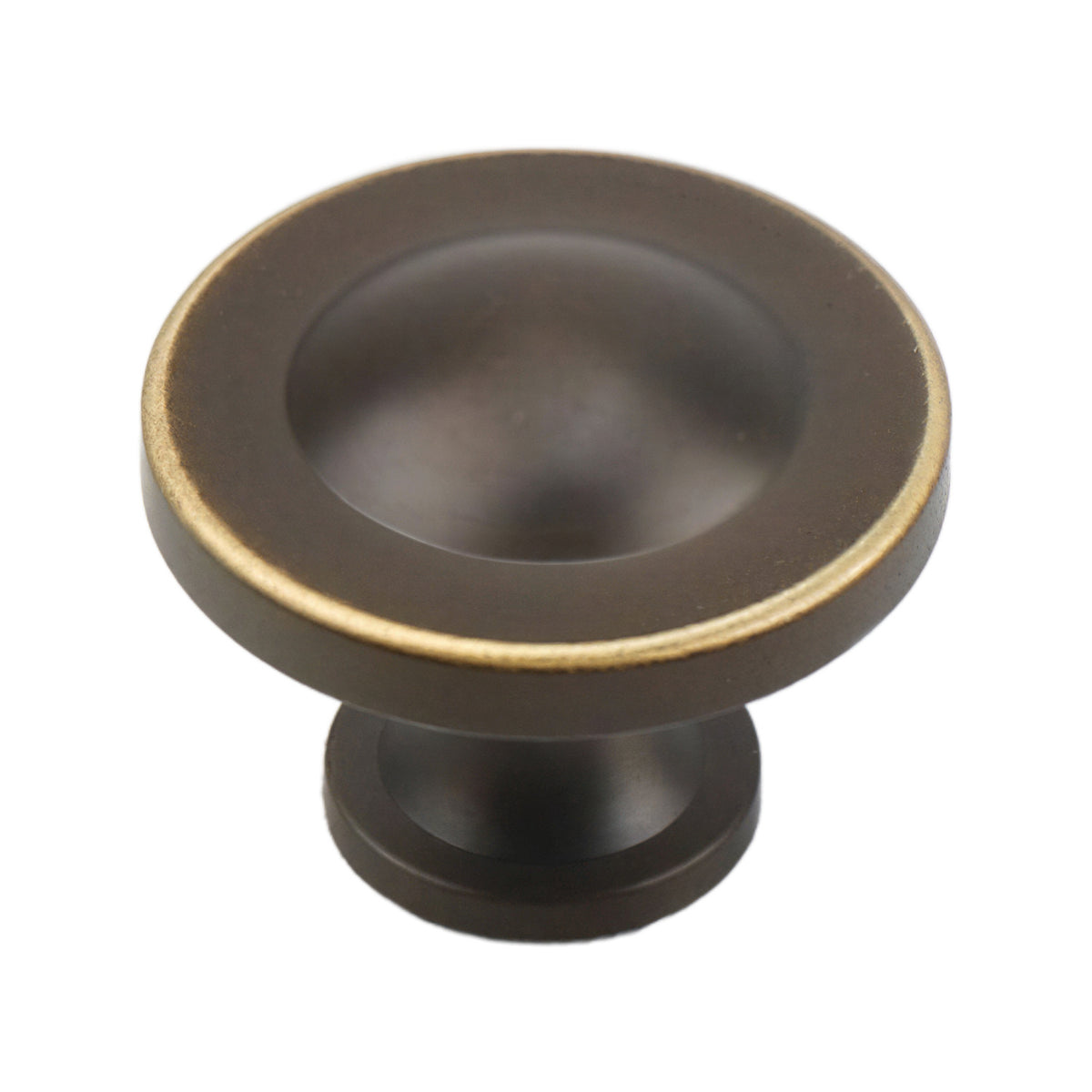 Coffee brown round cabinet knob with a dished face and gold-tone rim, option No. 2.