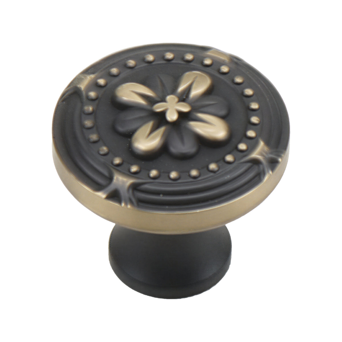 Coffee brown round cabinet knob with a gold-tone floral face, option No. 1.