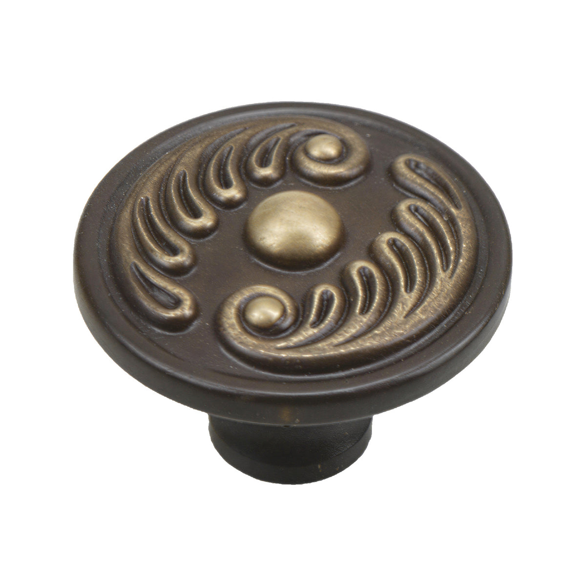 Coffee brown round cabinet knob with a raised gold-tone scroll pattern, option No. 2.