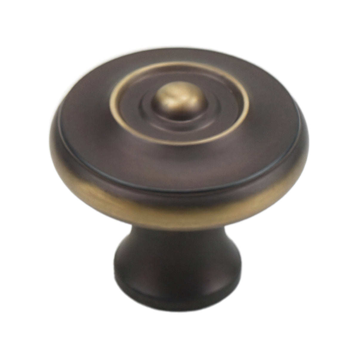Coffee-tone round cabinet knob with a central button and gold-tone ring, option No. 2.