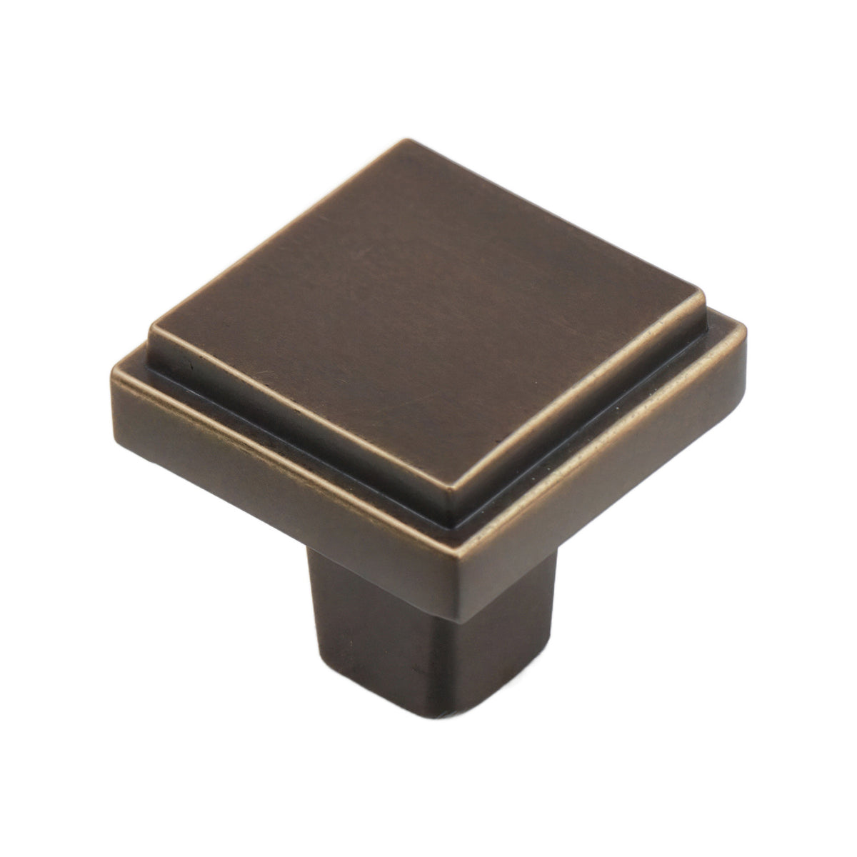 Coffee-tone square cabinet knob with a stepped face and gold-tone edge, option No. 2.