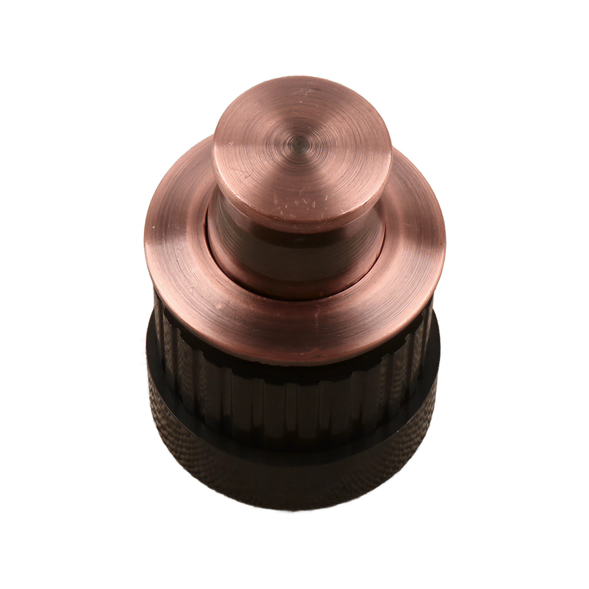 Copper-tone round pop-up cabinet knob with a flat top and dark ribbed base, option No. 4.