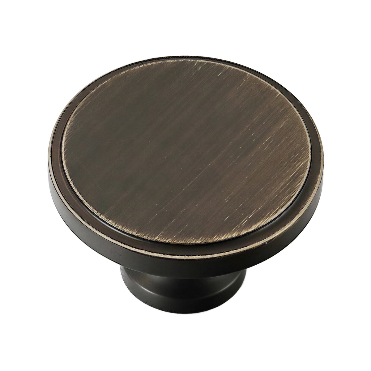 Dark antique brass-tone round cabinet knob with a brushed face and narrow rim, option No. 2.
