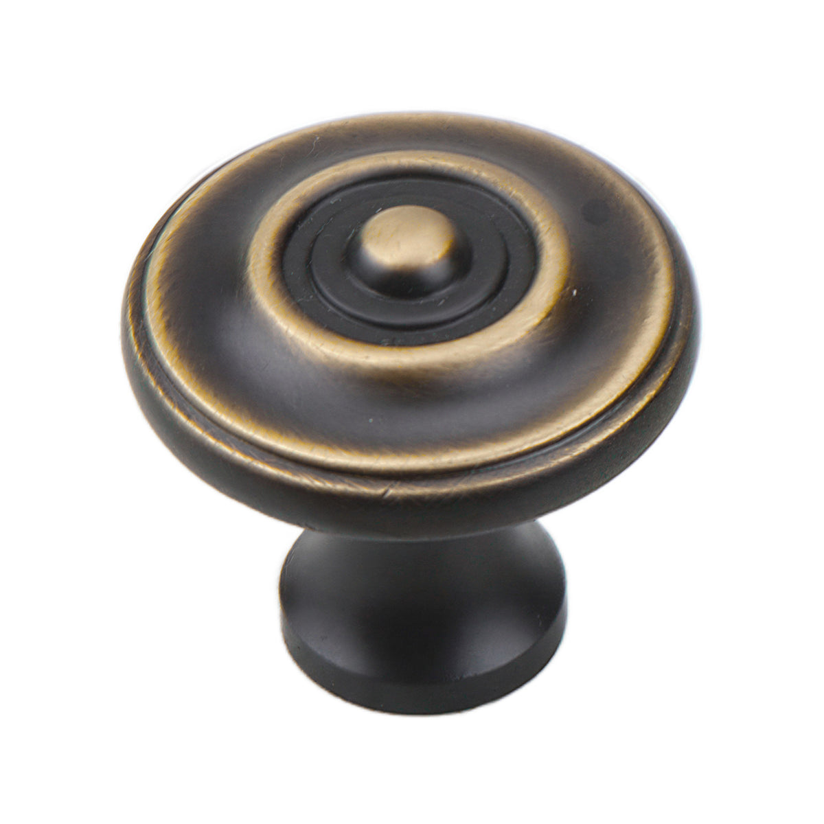 Dark antique-tone round cabinet knob with a central button and concentric gold-tone rings, option No. 5.