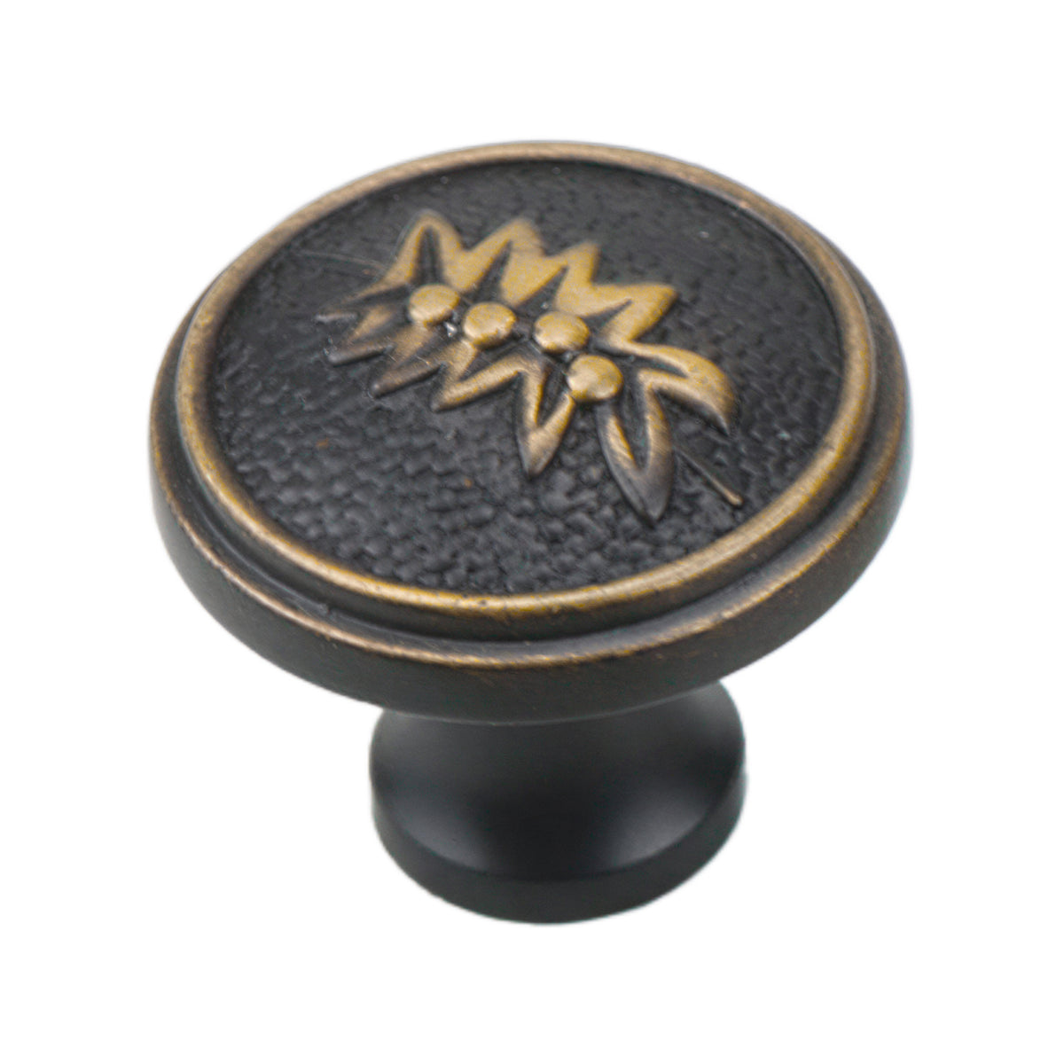 Dark antique-tone round cabinet knob with a gold-tone floral center, option No. 4.