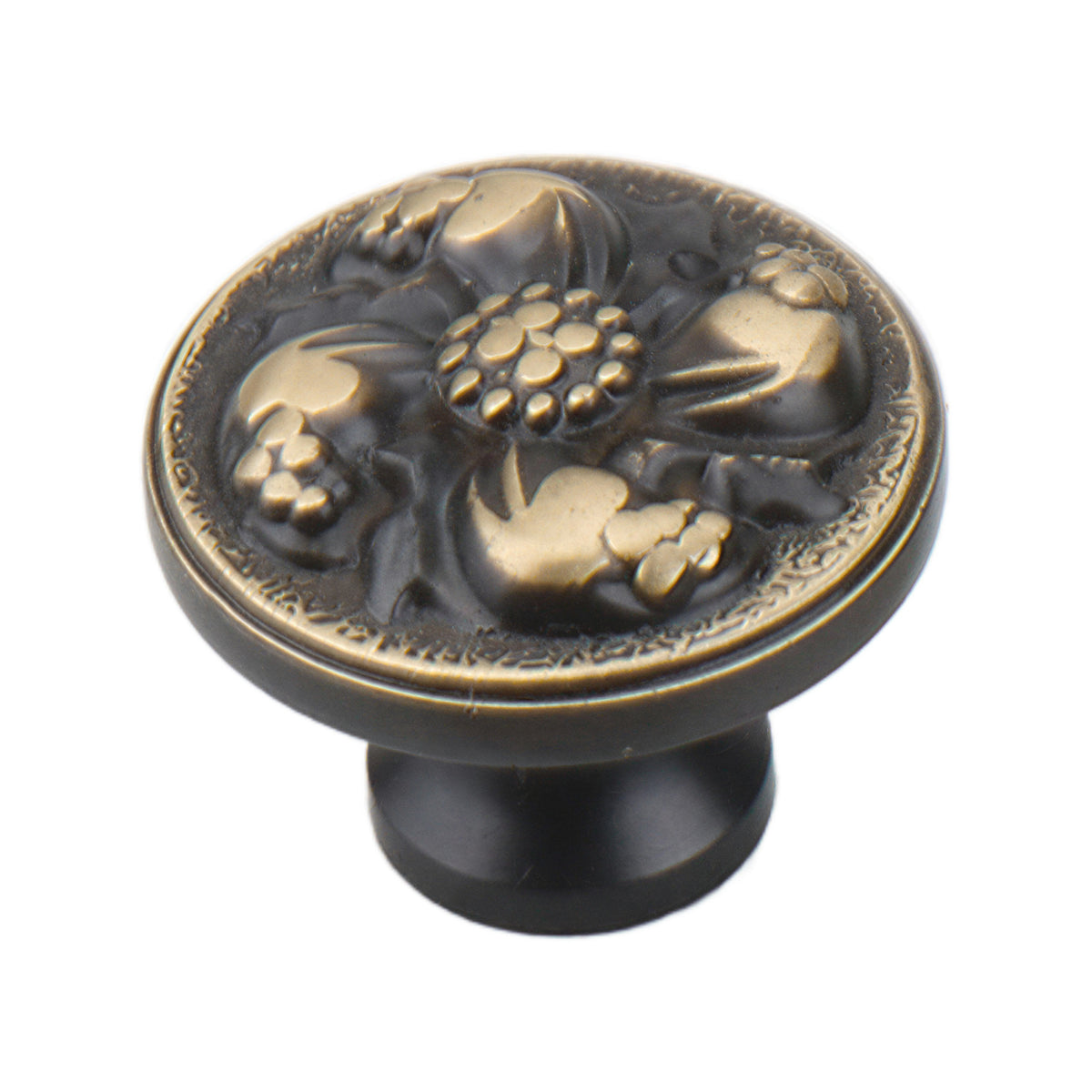 Dark antique-tone round cabinet knob with gold-tone floral relief, option No. 3.