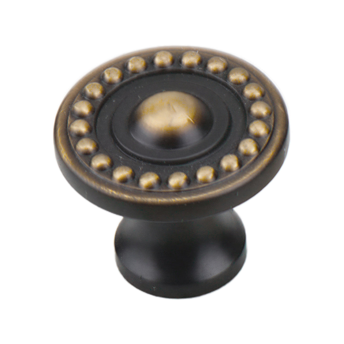 Dark antique-tone round cabinet knob with a raised center and gold-tone beaded ring, option No. 2.