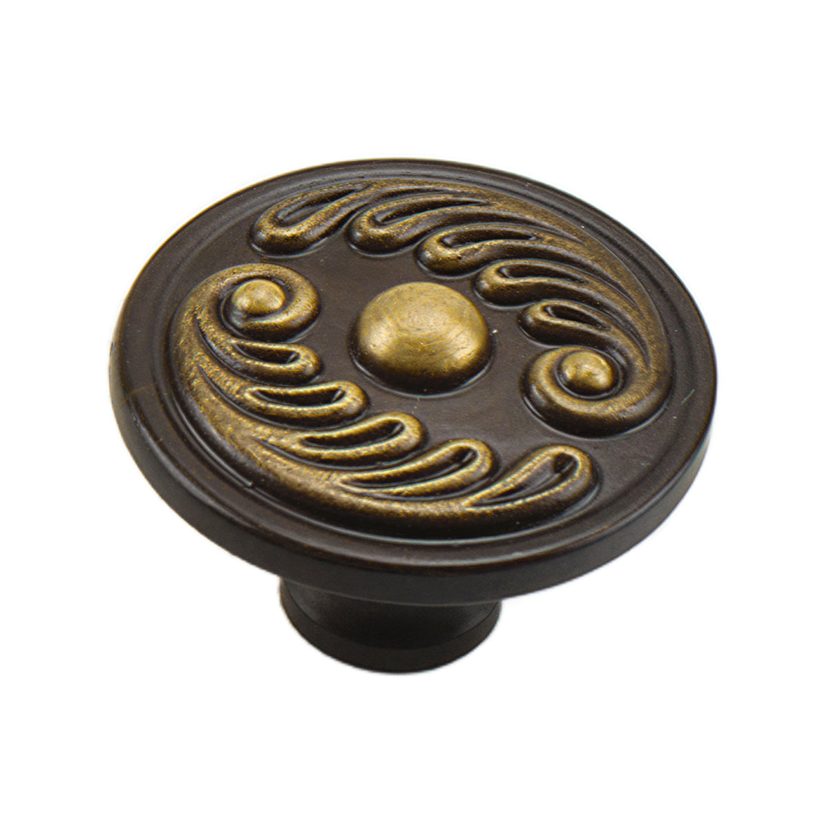 Dark antique-tone round cabinet knob with scroll relief and gold-tone details, option No. 2.
