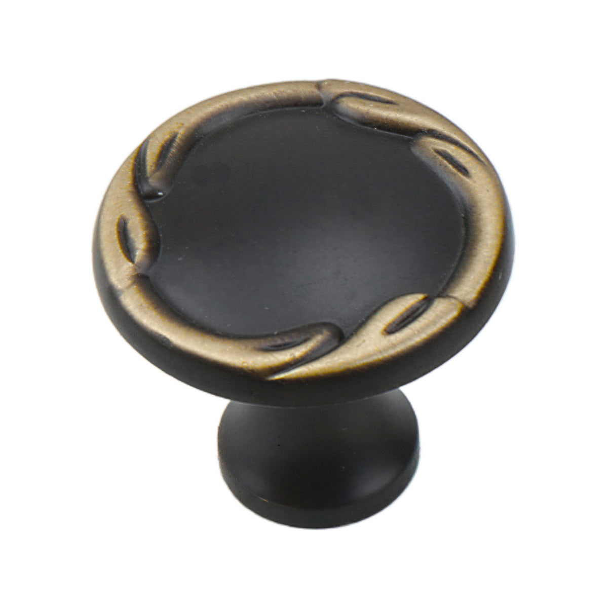 Dark antique-tone round cabinet knob with a smooth center and gold-tone leaf border, option No. 1.
