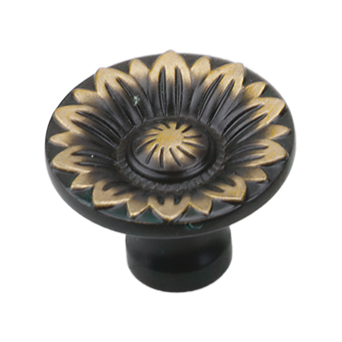 Dark antique-tone round cabinet knob with sunburst floral relief, option No. 7.