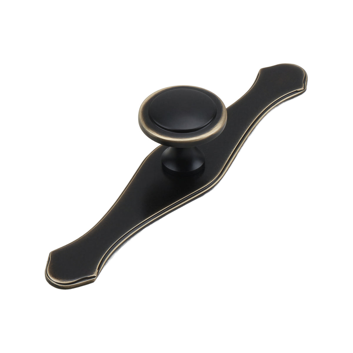 Dark bronze cabinet knob on a curved backplate, option No. 7.